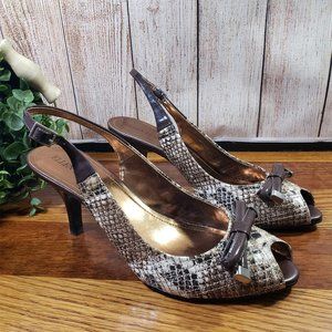 Ellen Tracy Size 9 Brown Snakeskin Print Jaywalk Slingback Open Toe Heels